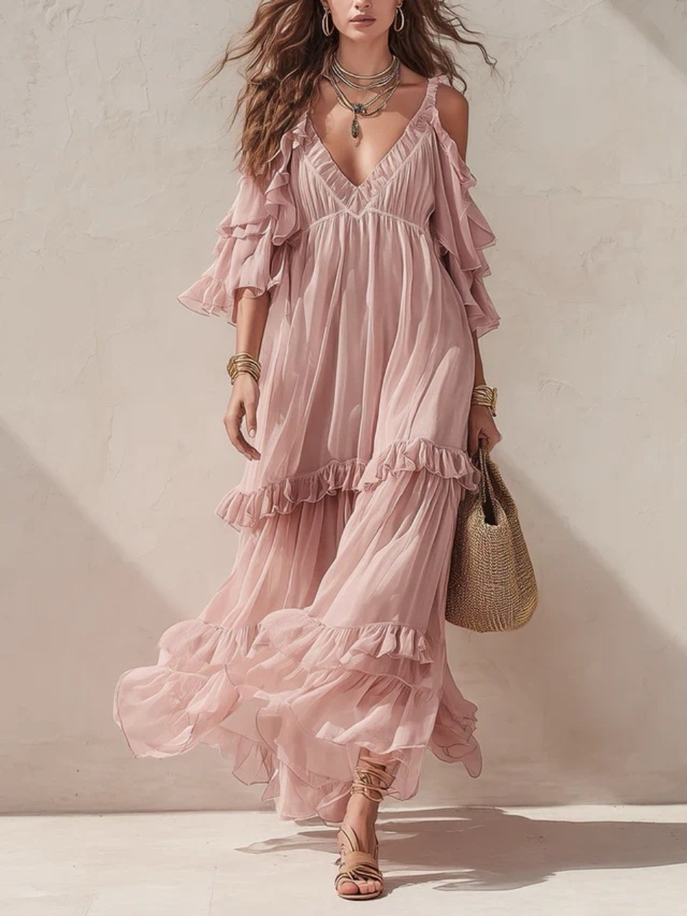 Cold-Shoulder Ruffled Maxi Dress